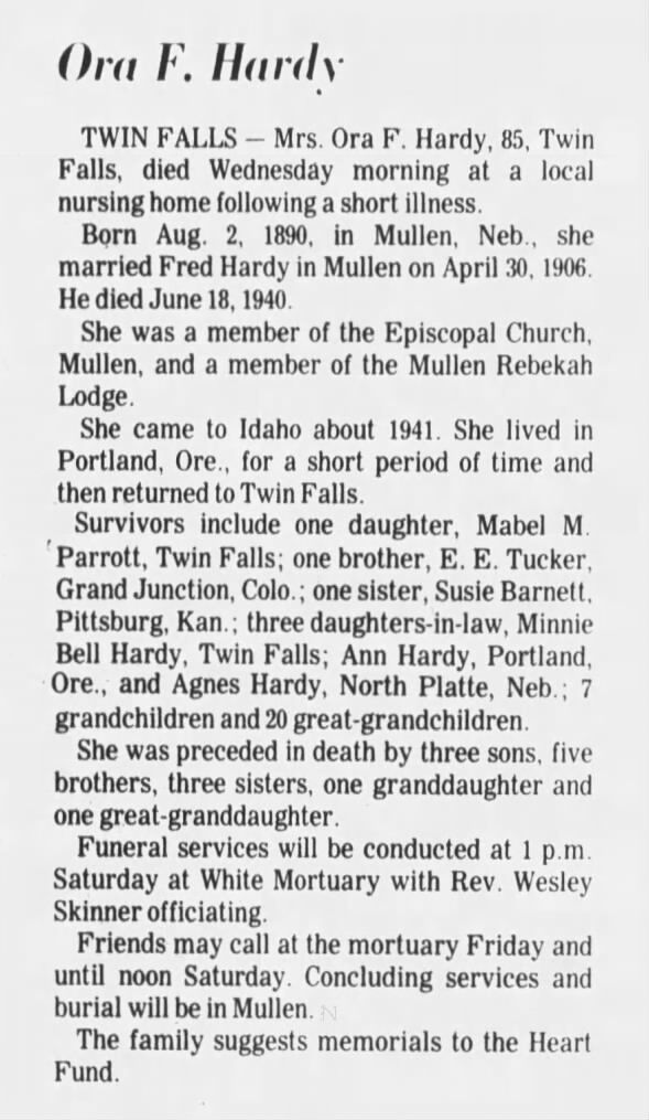 Ora Fina Tucker Hardy Obituary